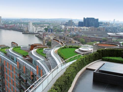 Terraced roof gardens with lawn and small swimming pools